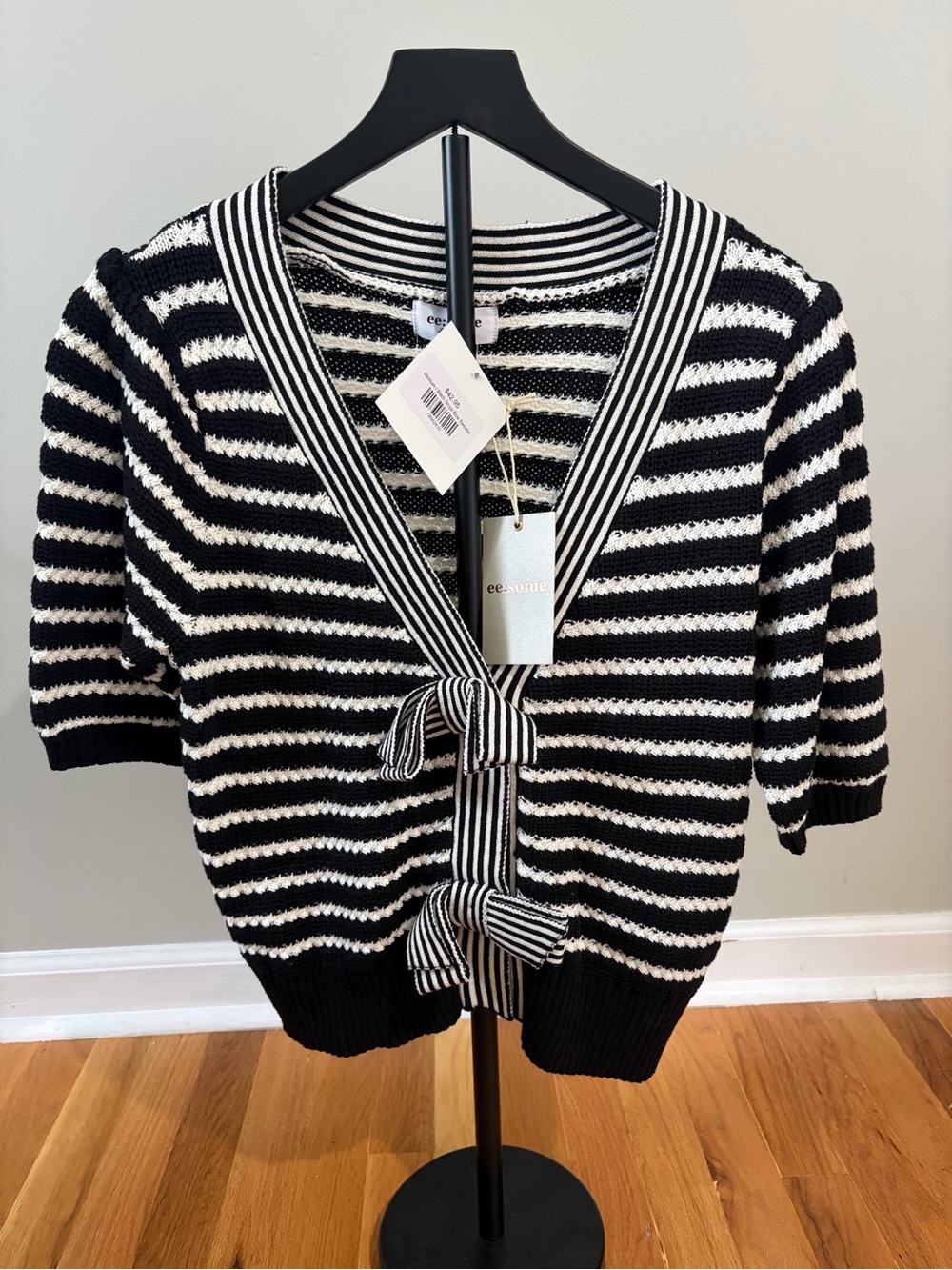 eesome Black and White Striped V-Neck Tie-Front Sweater